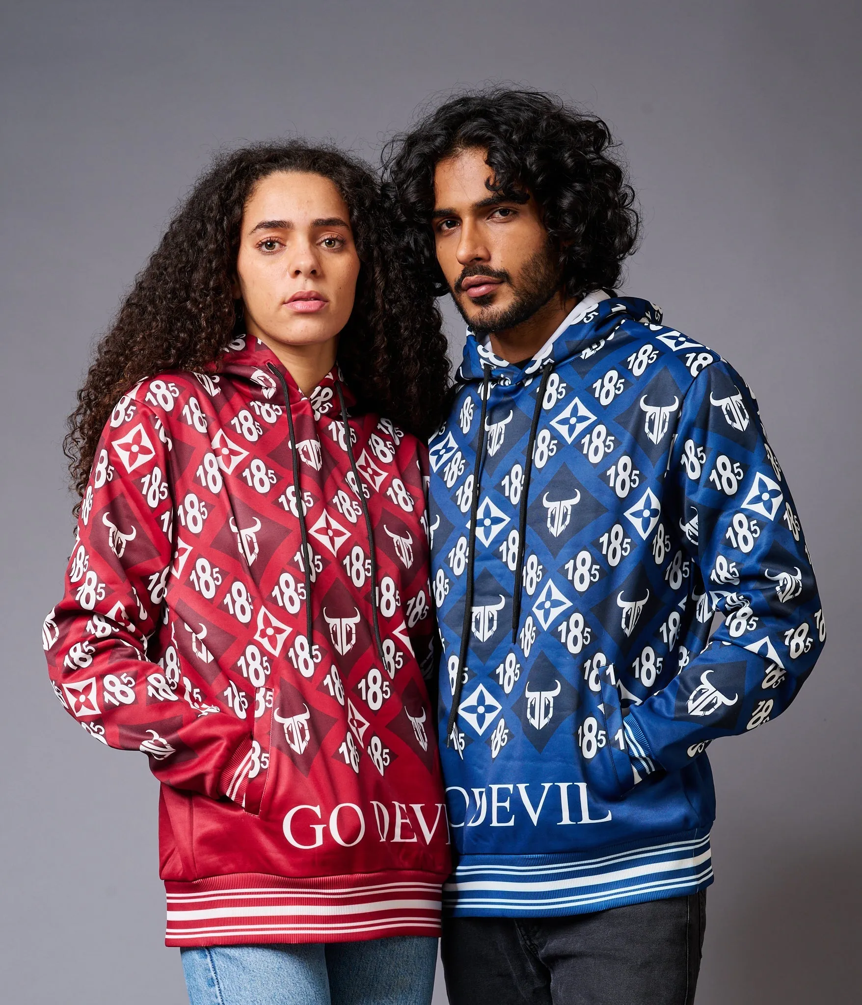 185 GD Logo Printed Red & Blue Couples Hoodies