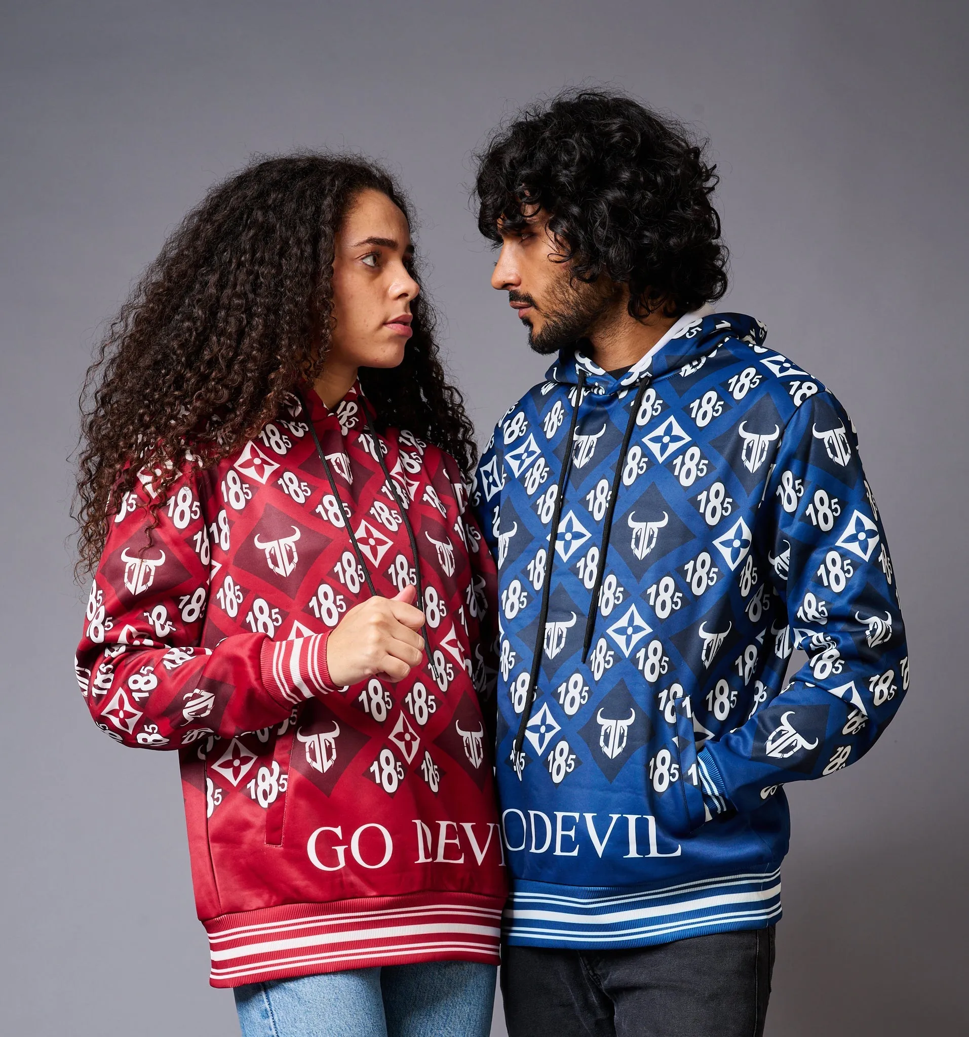 185 GD Logo Printed Red & Blue Couples Hoodies