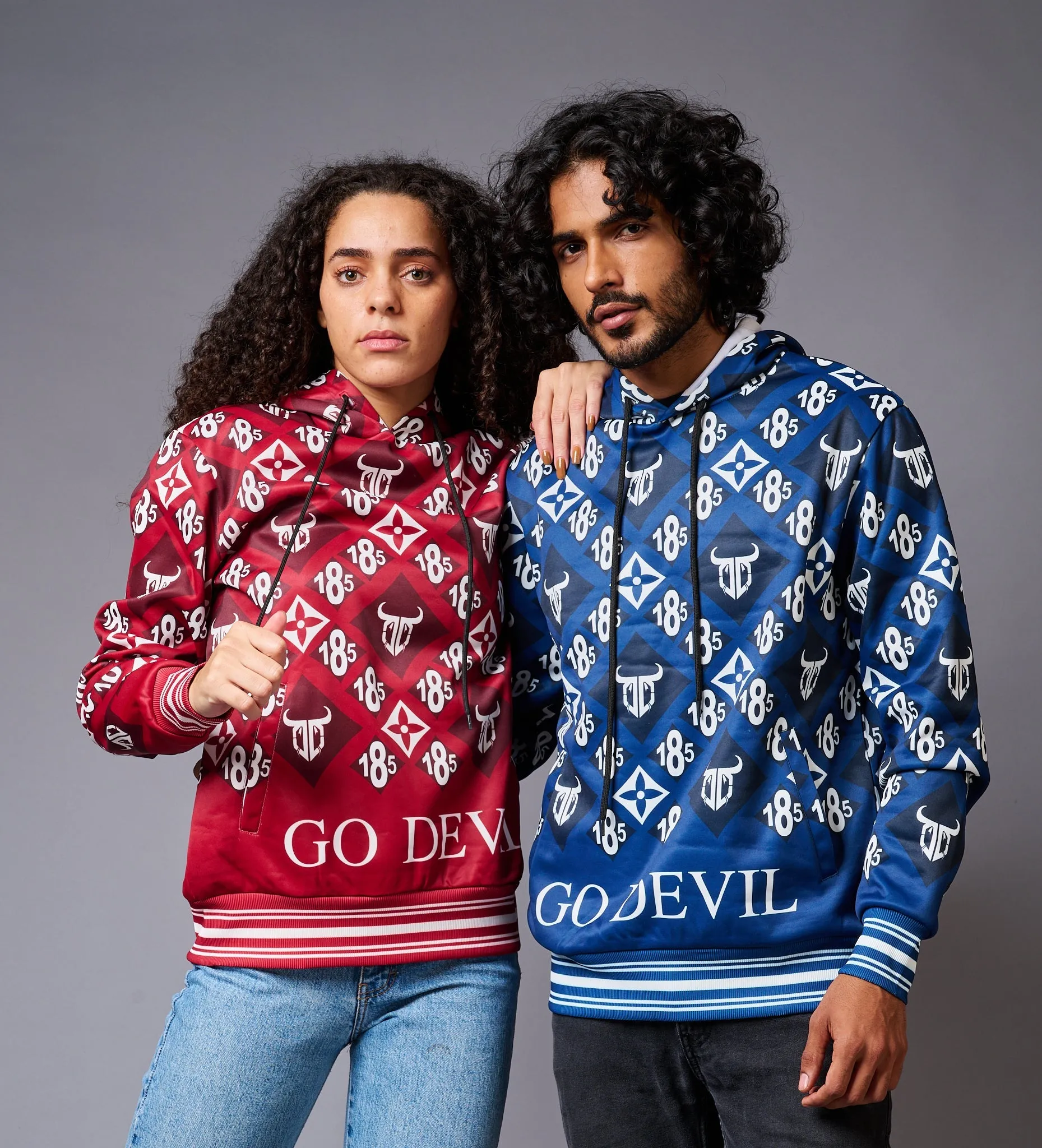 185 GD Logo Printed Red & Blue Couples Hoodies