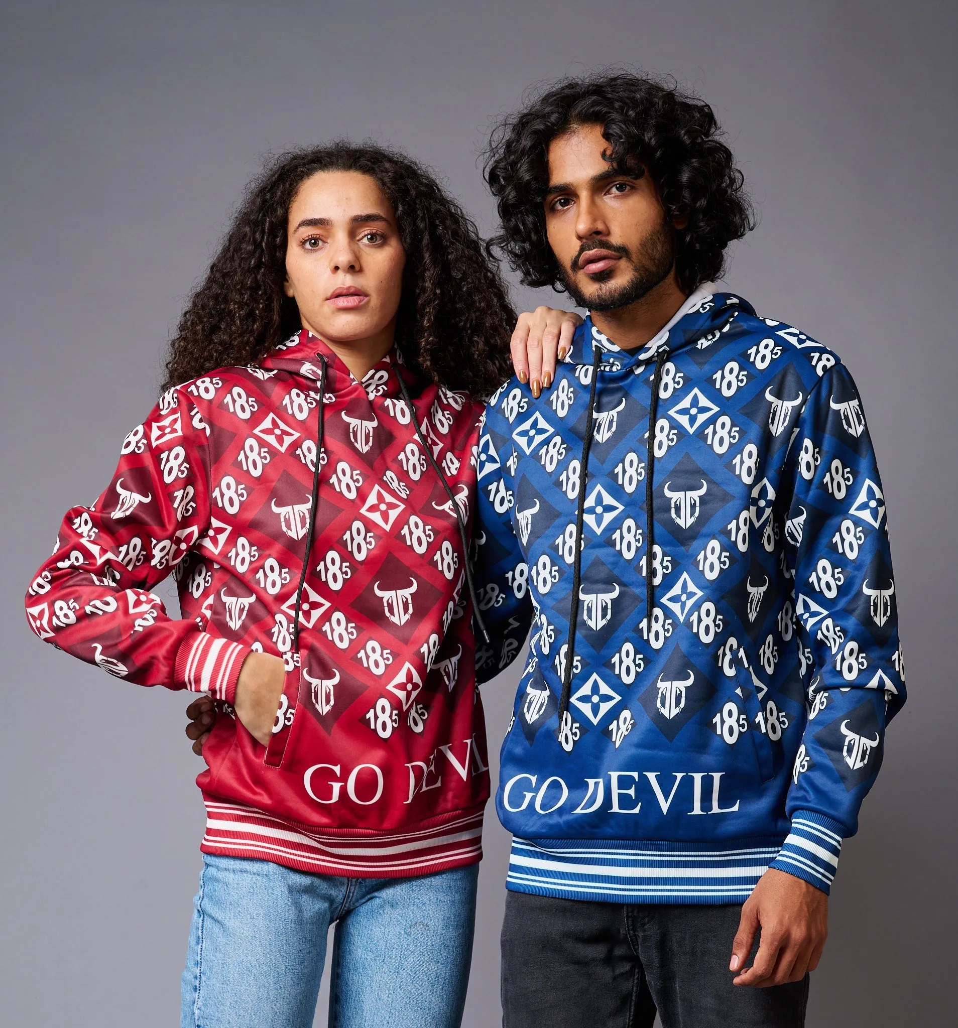 185 GD Logo Printed Red & Blue Couples Hoodies