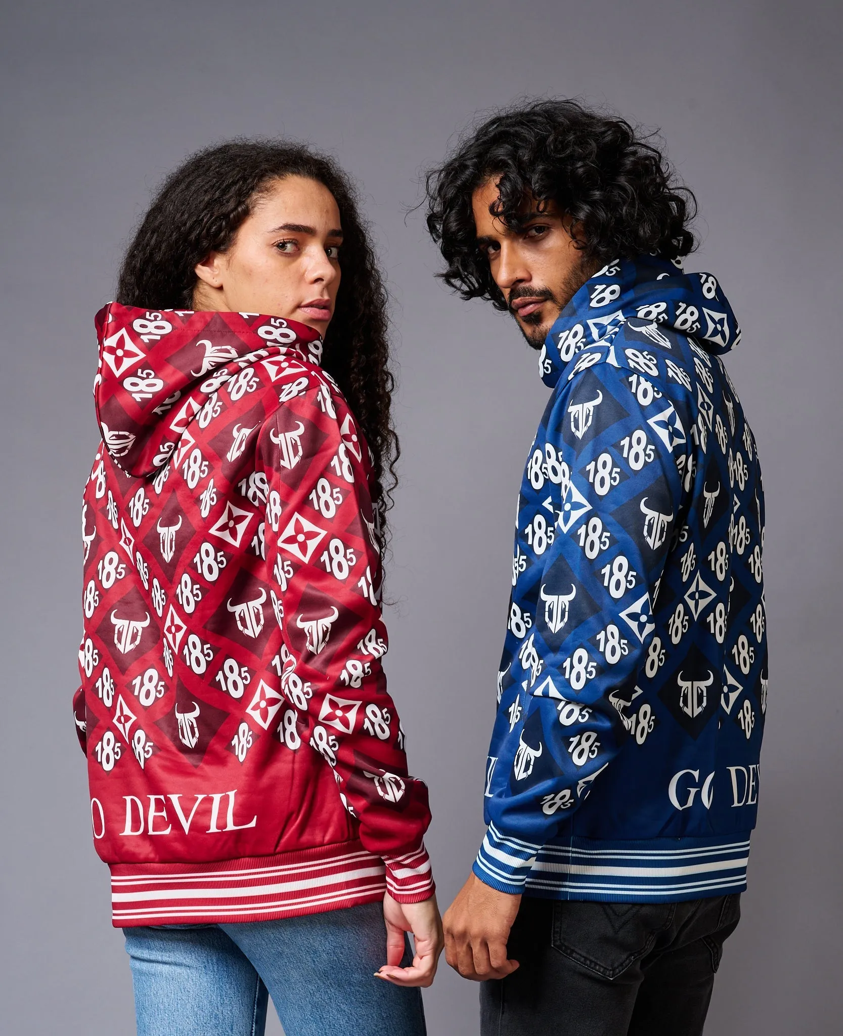 185 GD Logo Printed Red & Blue Couples Hoodies