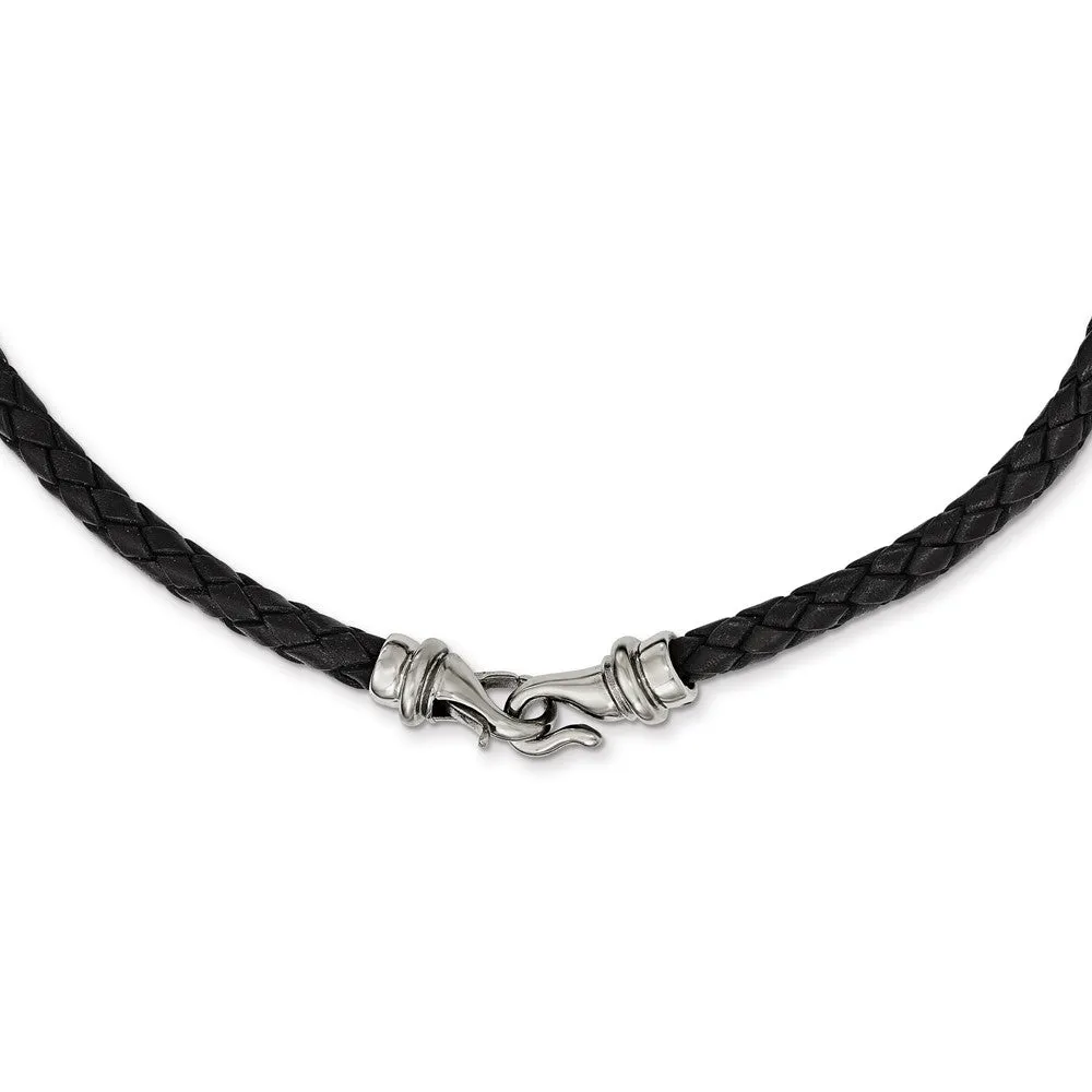 6mm Woven Black Leather Stainless Steel Cord Chain Necklace, 19.5 Inch