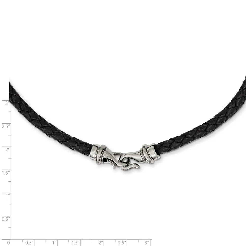 6mm Woven Black Leather Stainless Steel Cord Chain Necklace, 19.5 Inch