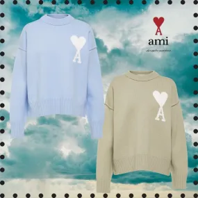 AMI PARIS  |Casual Style Wool U-Neck Long Sleeves Office Style Logo