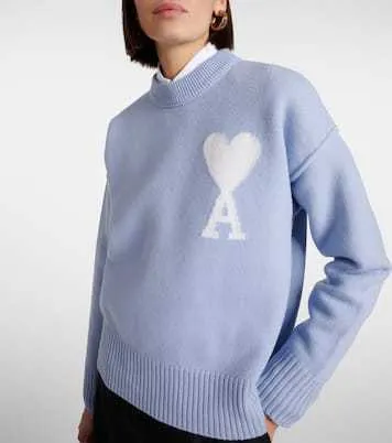 AMI PARIS  |Casual Style Wool U-Neck Long Sleeves Office Style Logo