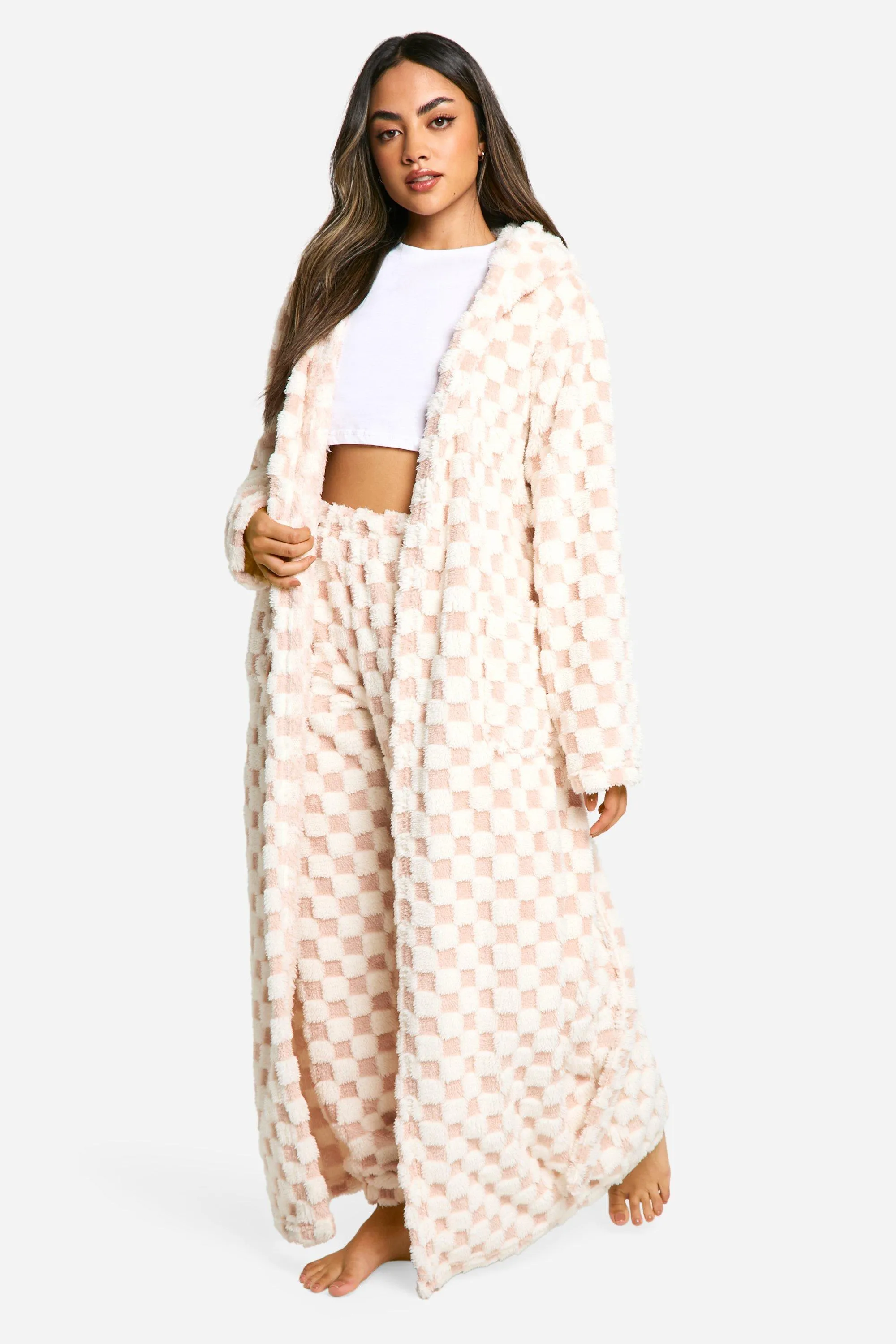 Baby Pink Checkerboard Maxi Fleece Dressing Gown