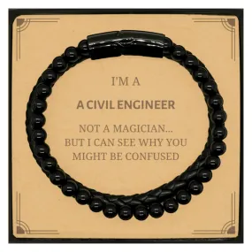 Badass Civil Engineer Gifts, I'm Civil Engineer not a magician, Sarcastic Stone Leather Bracelets for Civil Engineer Birthday Ch