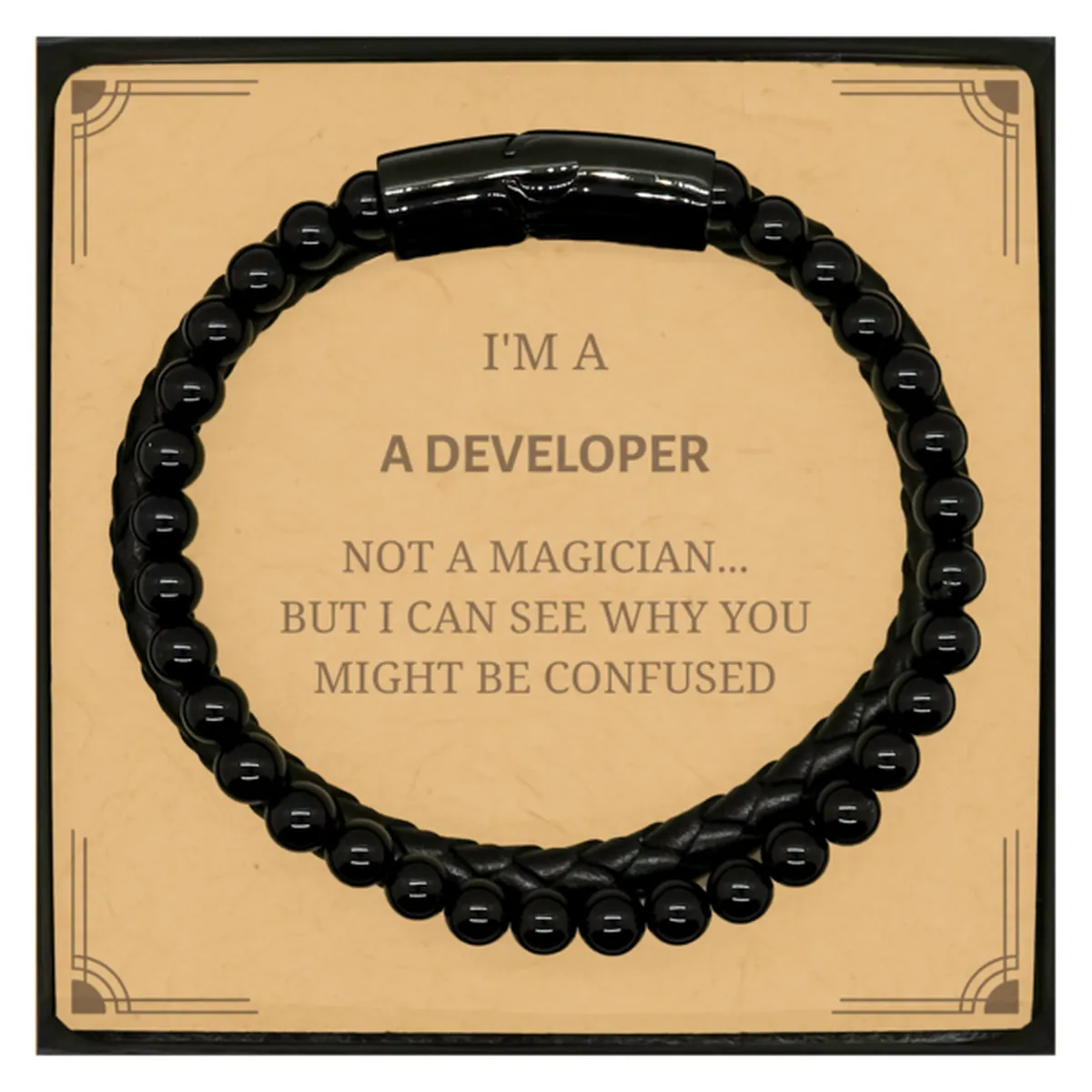 Badass Developer Gifts, I'm Developer not a magician, Sarcastic Stone Leather Bracelets for Developer Birthday Christmas for  Me