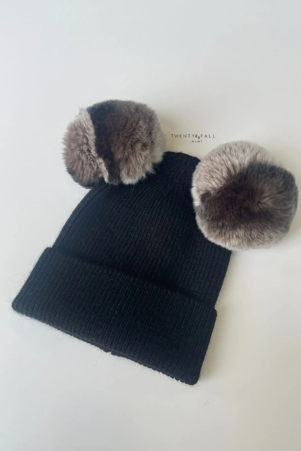 Black Double Rex Fur Pom Pom Hat