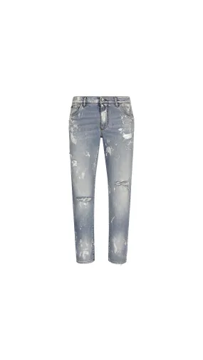 Bleached Wash Slim-fit Stretch Denim Jeans - Denim