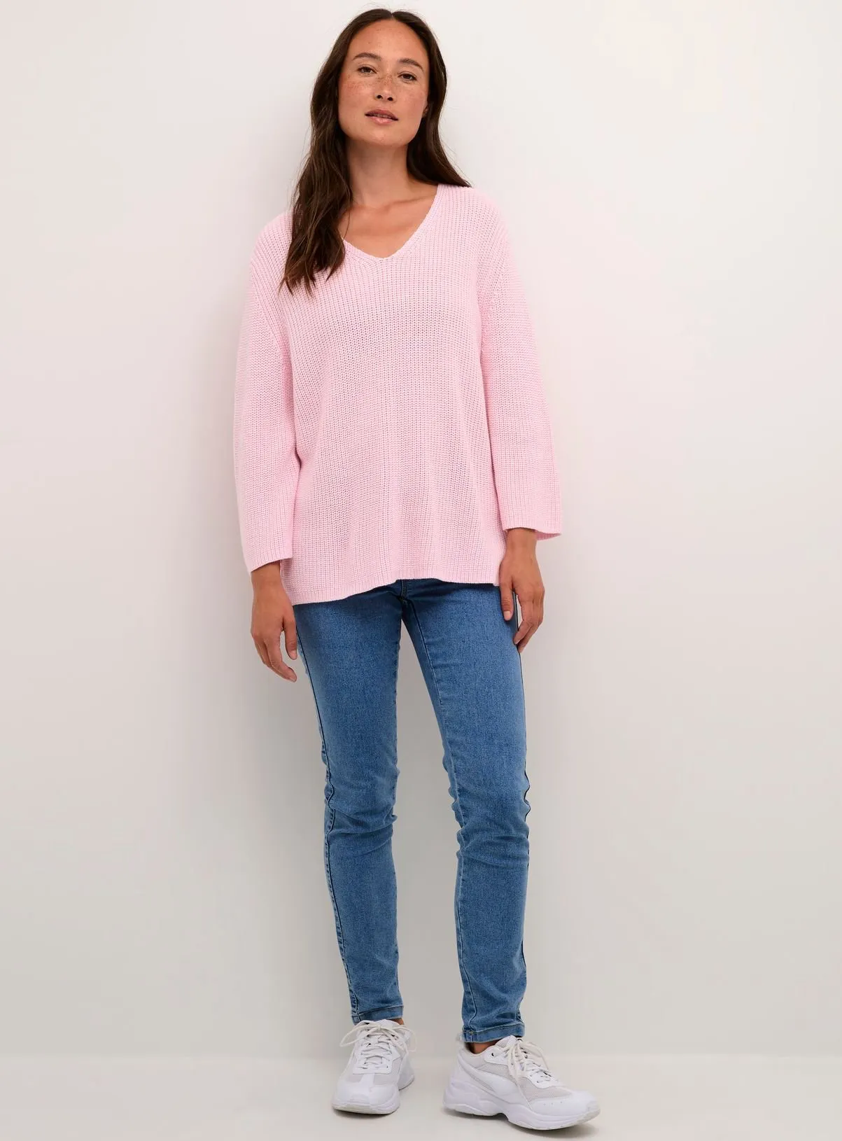 Buy KAFFE Merian V Neck Cropped Sleeve Pullover Pink XS | Jumpers | Tu