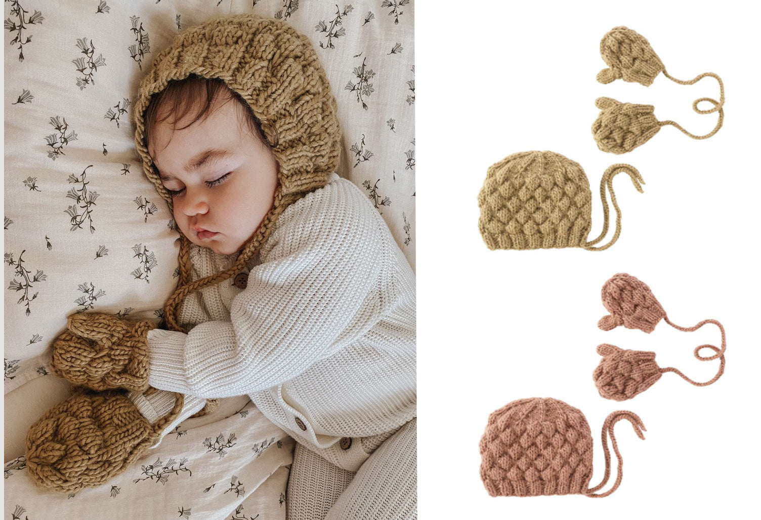 Chloe Set: hand-knitted bonnet and matching mittens & gloves: cream or dusty colour