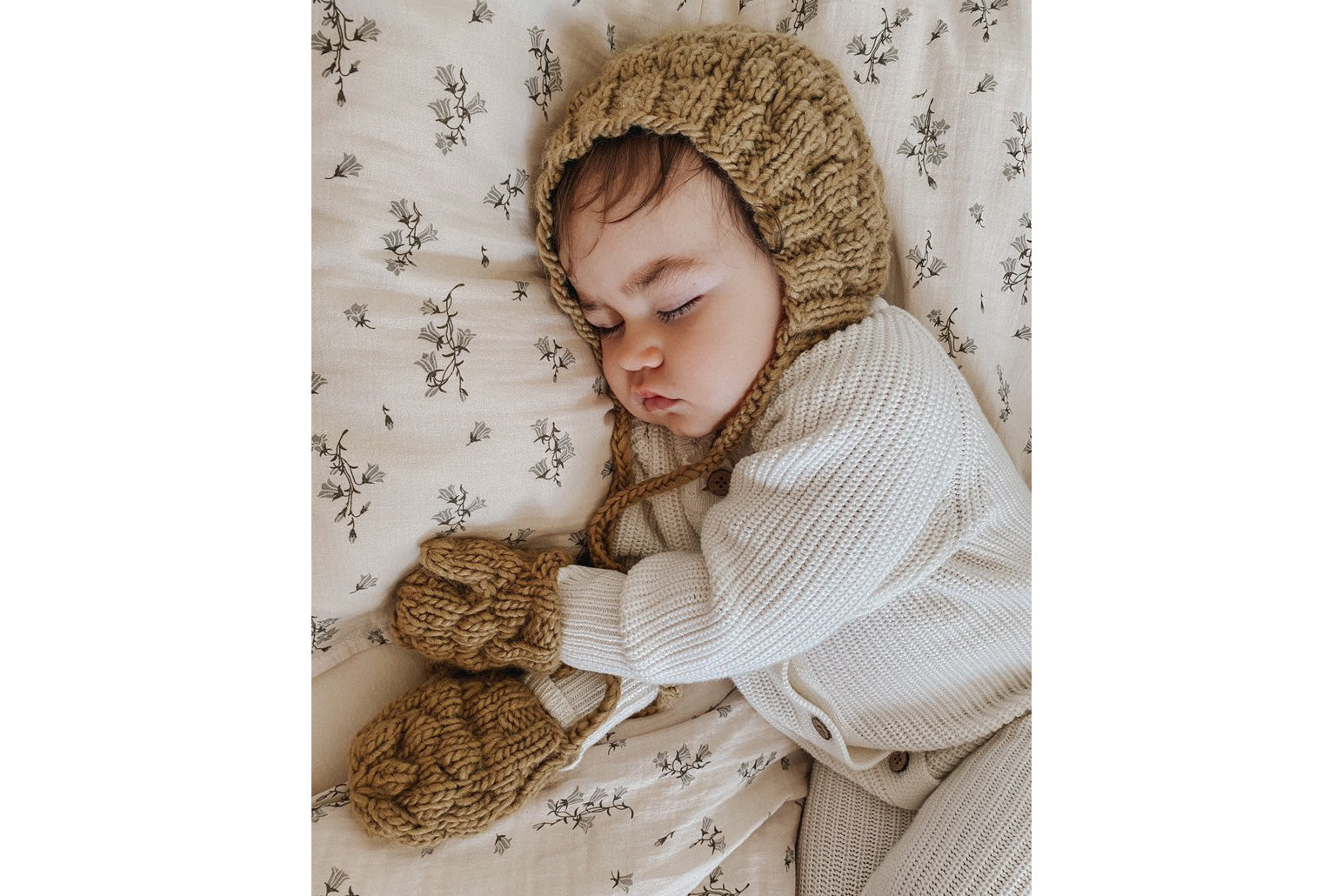 Chloe Set: hand-knitted bonnet and matching mittens & gloves: cream or dusty colour