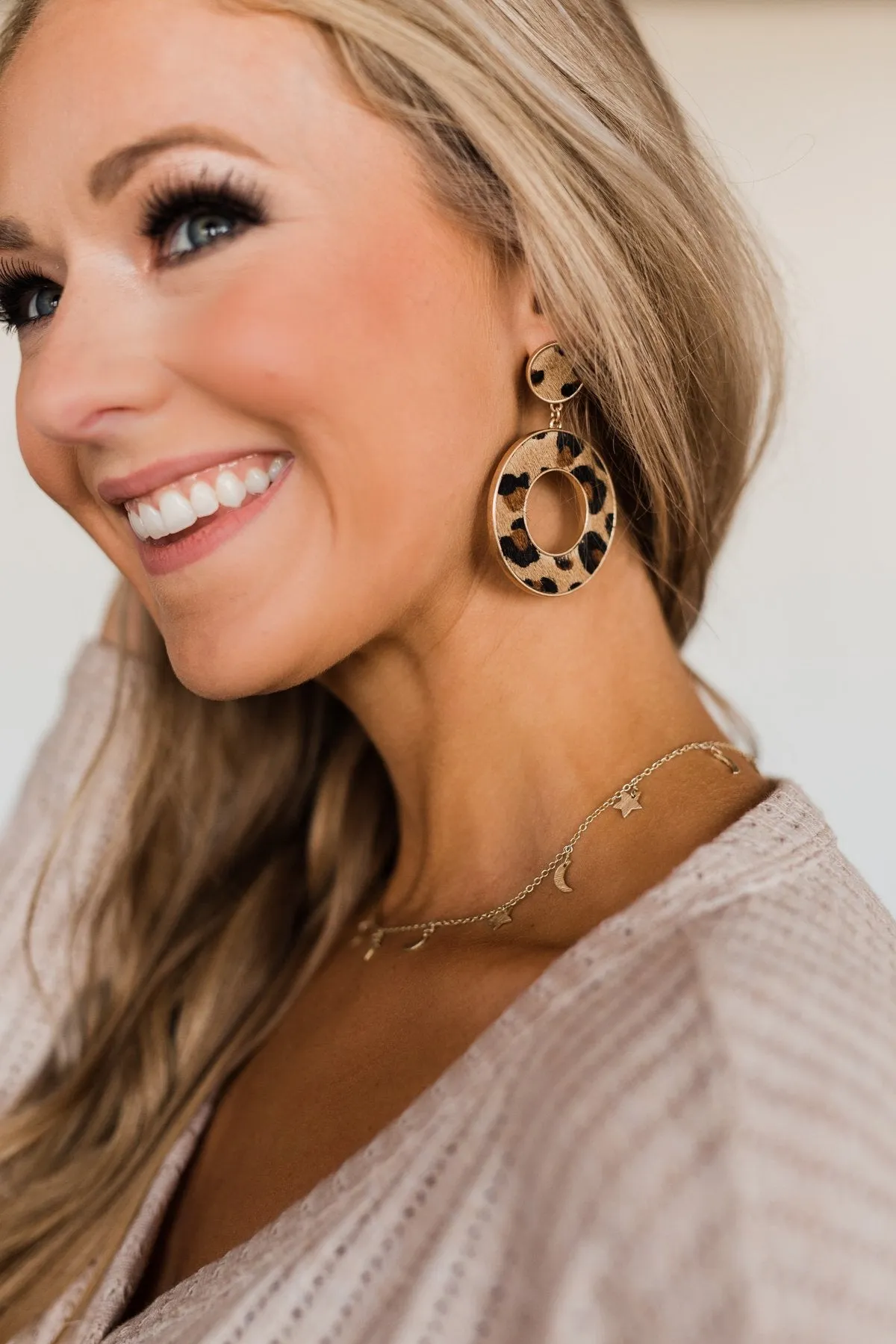 Circle Leopard Dangle Earrings- Natural