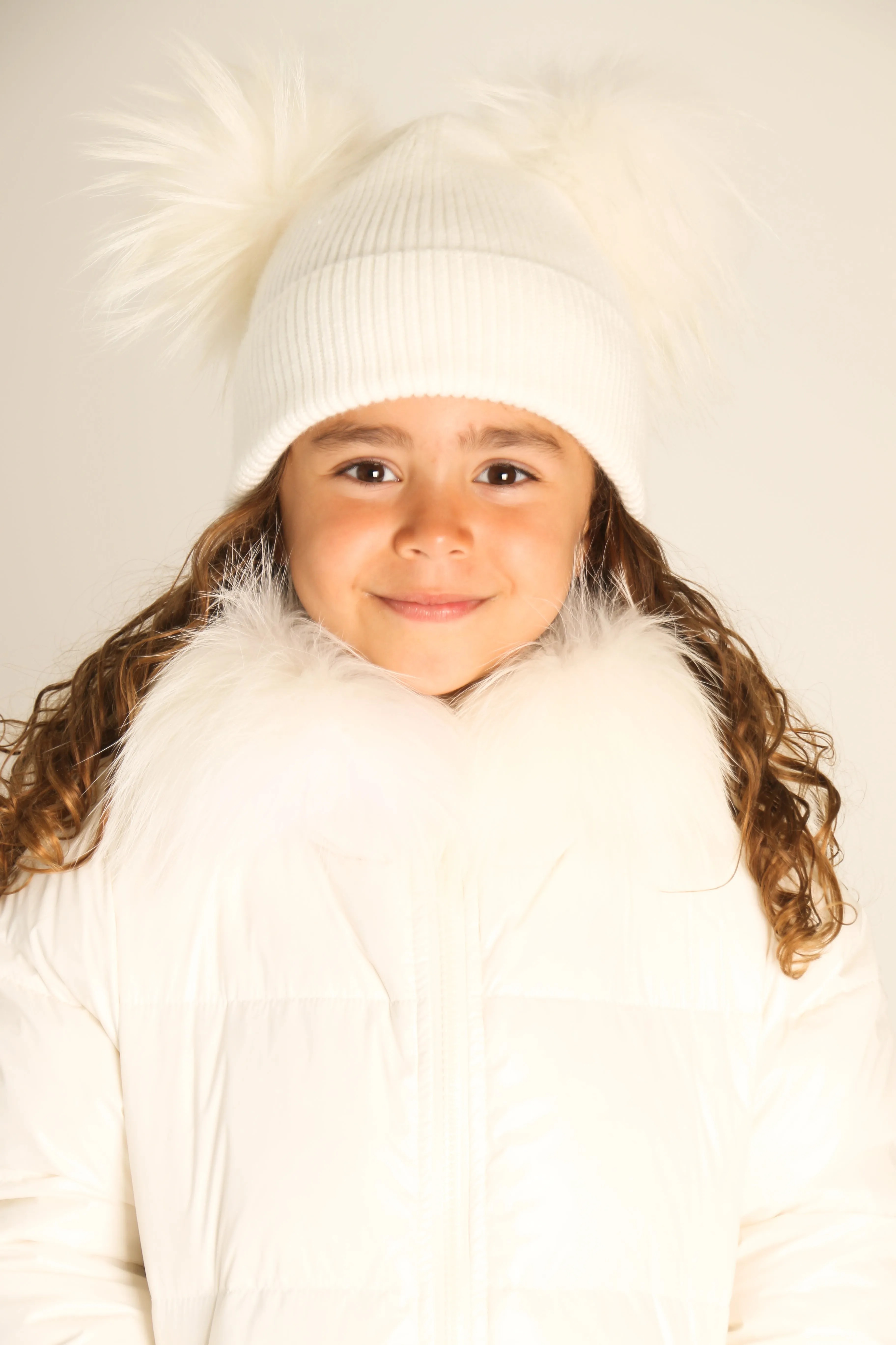 Cream Double Raccoon Fur Pom Pom Hat