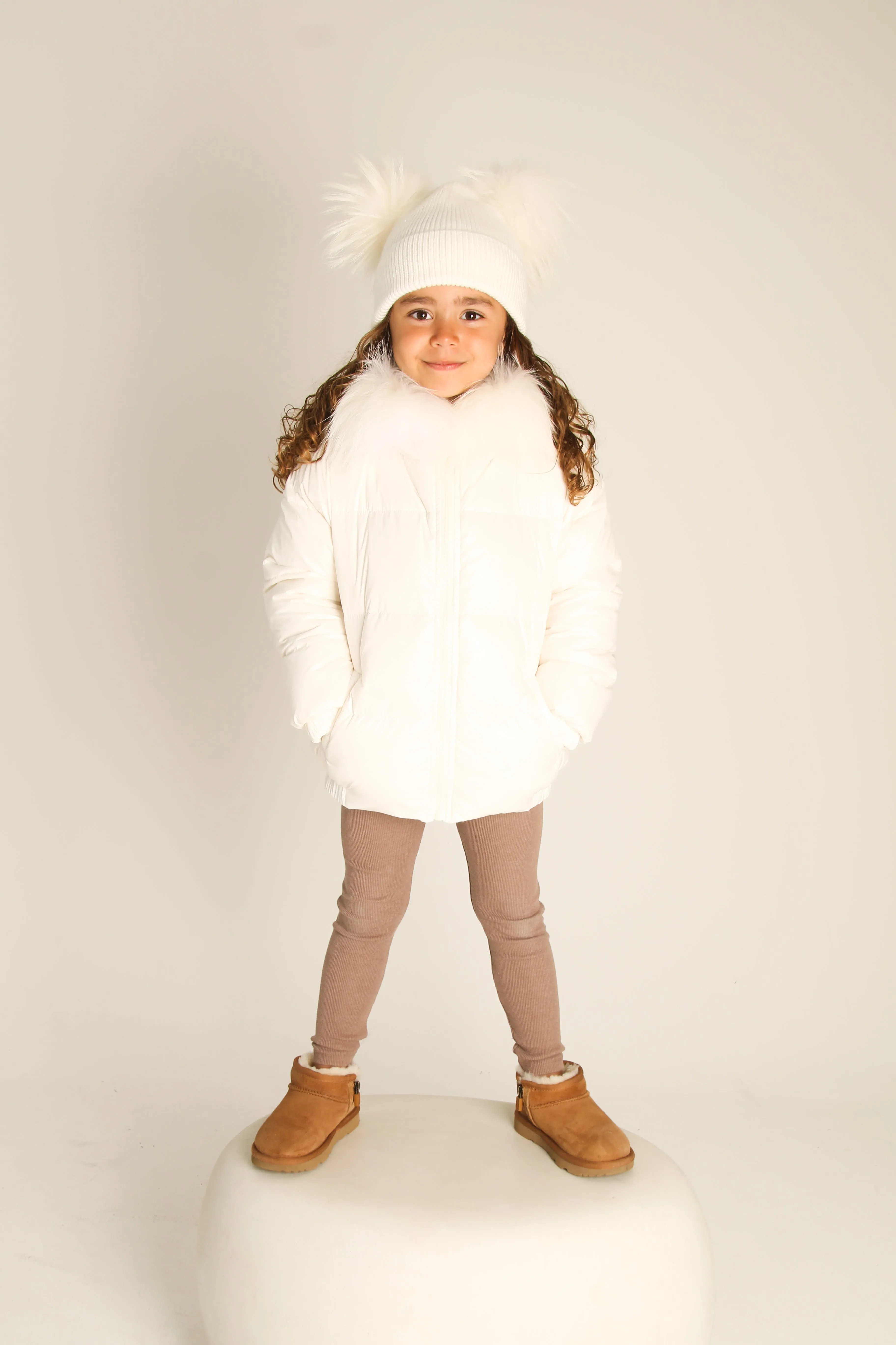 Cream Double Raccoon Fur Pom Pom Hat