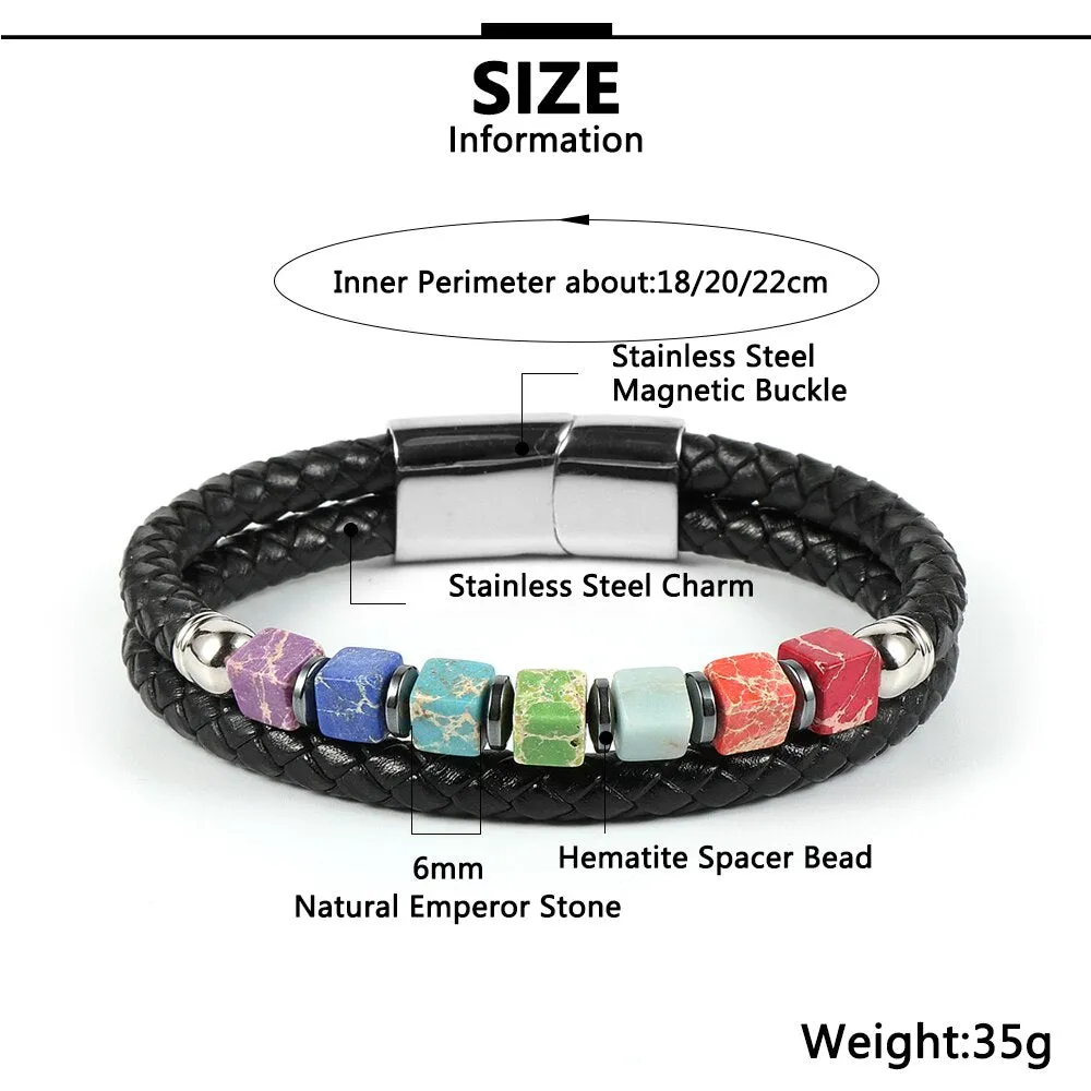 Double-Strand Leather Stainless Colorful Jasper 7 Chakras Bracelet