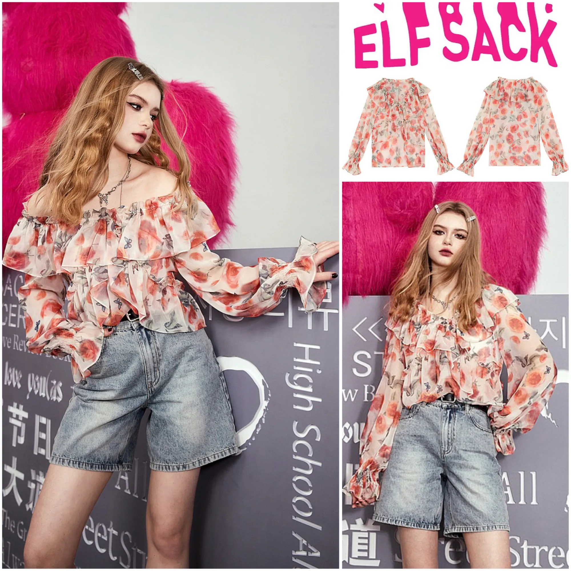 ELF SACK  |Flower Patterns Casual Style Long Sleeves Shirts & Blouses