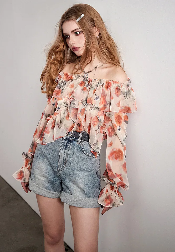 ELF SACK  |Flower Patterns Casual Style Long Sleeves Shirts & Blouses