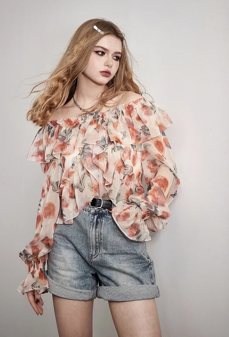 ELF SACK  |Flower Patterns Casual Style Long Sleeves Shirts & Blouses