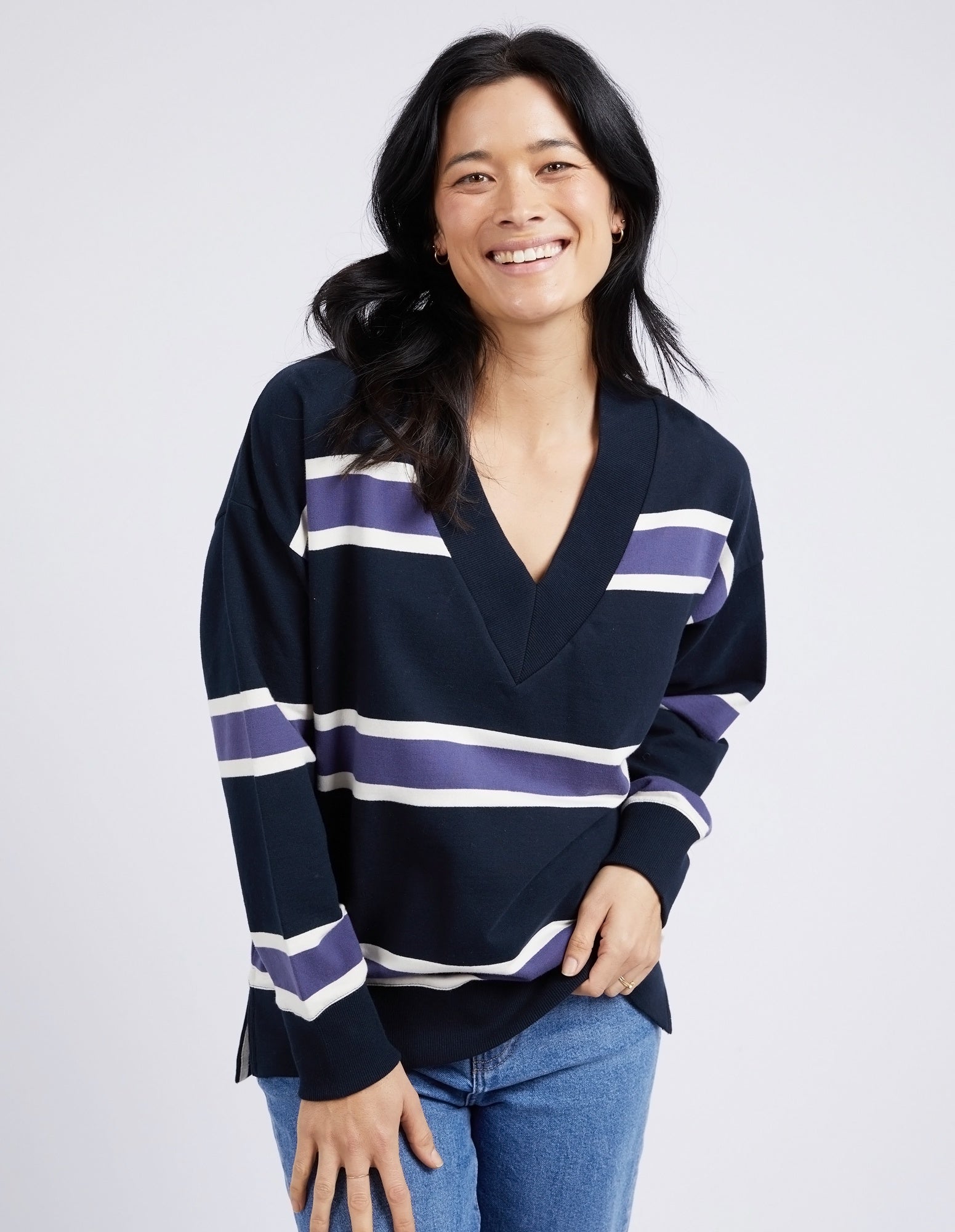 Elm Peak Vee Fleece - Navy Stripe