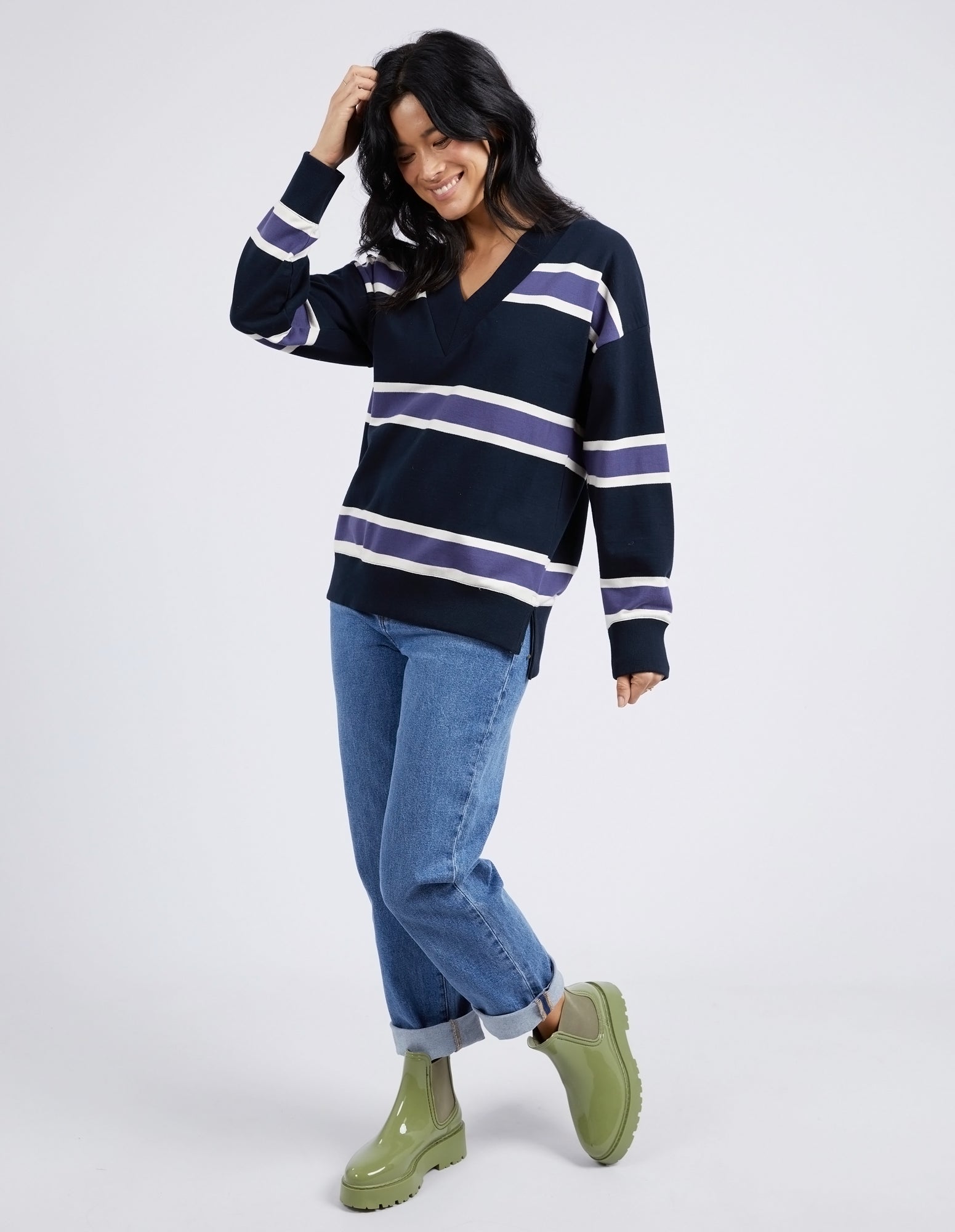 Elm Peak Vee Fleece - Navy Stripe