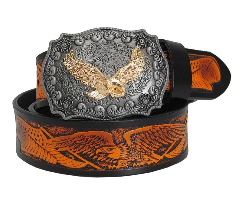 Fashion Casual Men's Leather Belts Top Quality Eagle Totem Copper Smooth Buckle