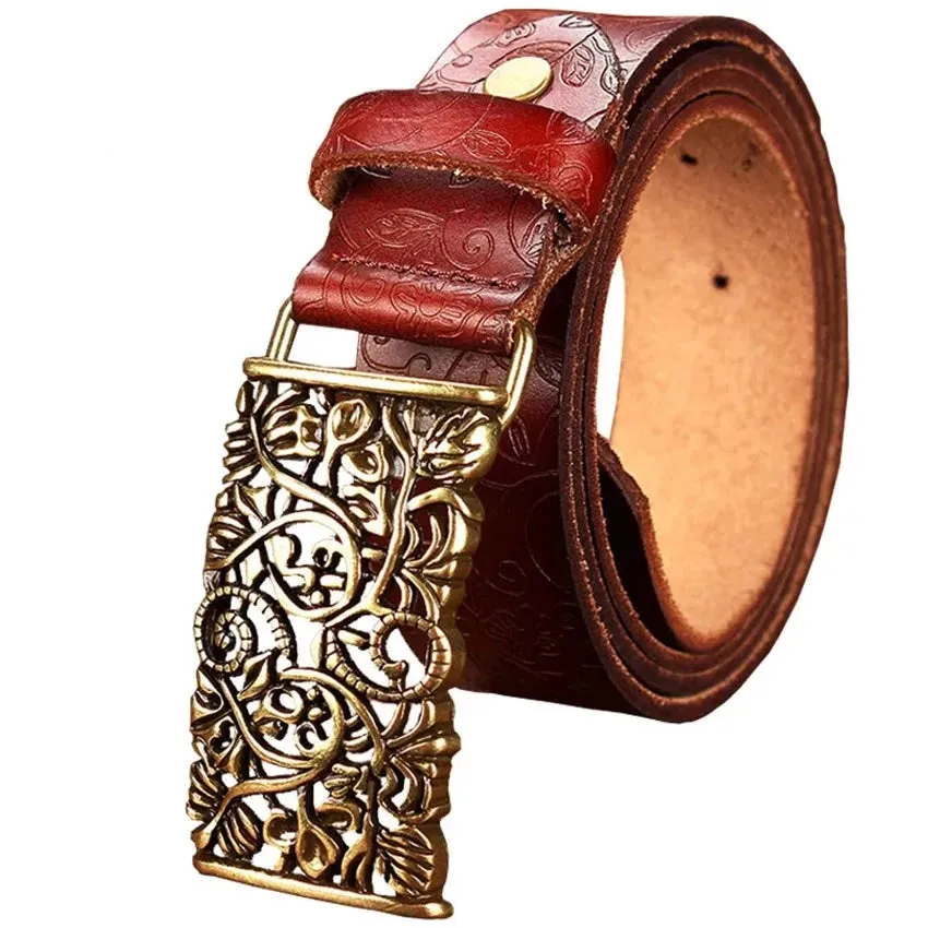 Fashion Genuine Leather Belts For Women Vintage Floral Pin Buckle belt