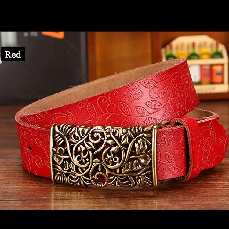 Fashion Genuine Leather Belts For Women Vintage Floral Pin Buckle belt