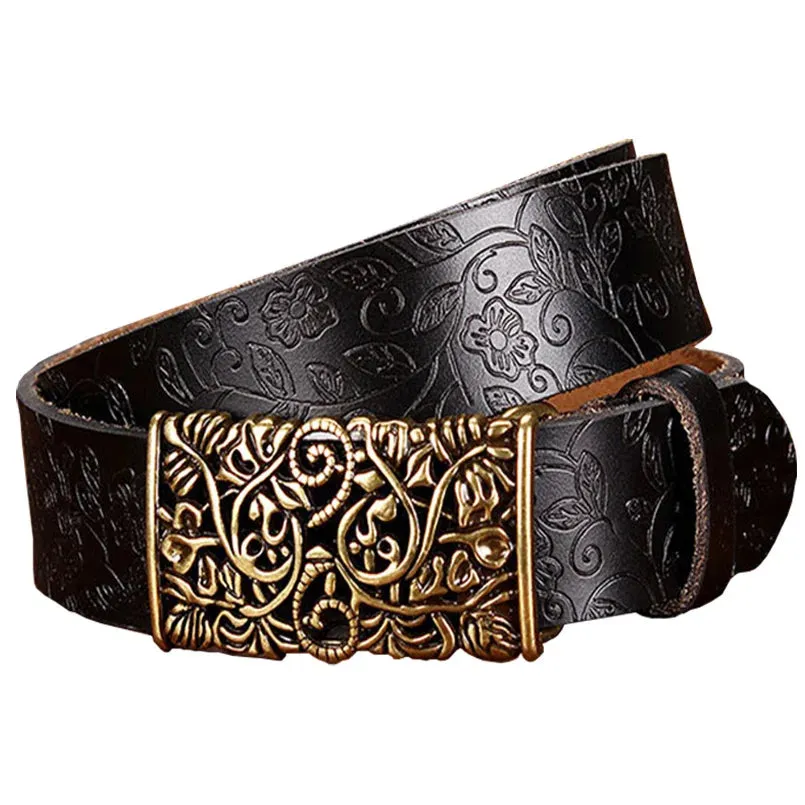 Fashion Genuine Leather Belts For Women Vintage Floral Pin Buckle belt