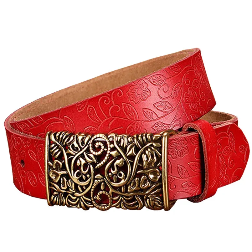 Fashion Genuine Leather Belts For Women Vintage Floral Pin Buckle belt