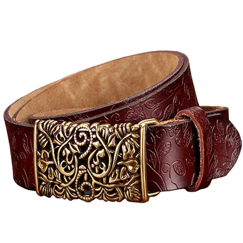 Fashion Genuine Leather Belts For Women Vintage Floral Pin Buckle belt