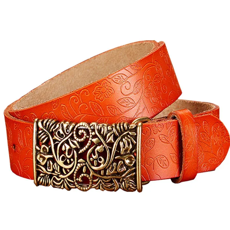 Fashion Genuine Leather Belts For Women Vintage Floral Pin Buckle belt