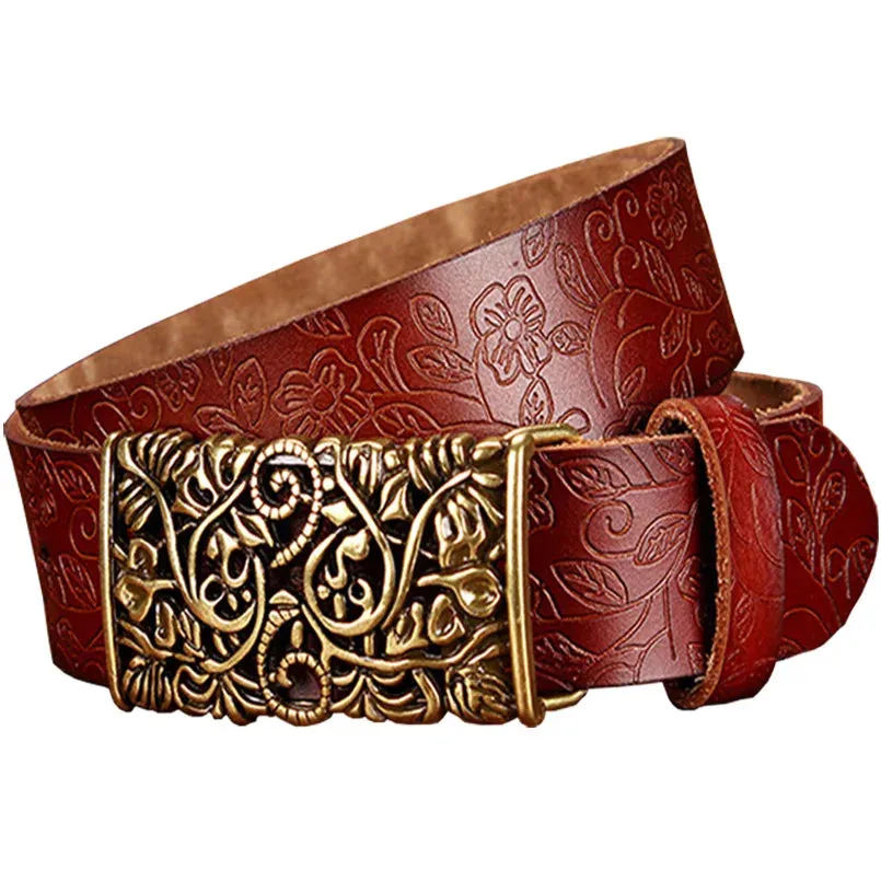 Fashion Genuine Leather Belts For Women Vintage Floral Pin Buckle belt