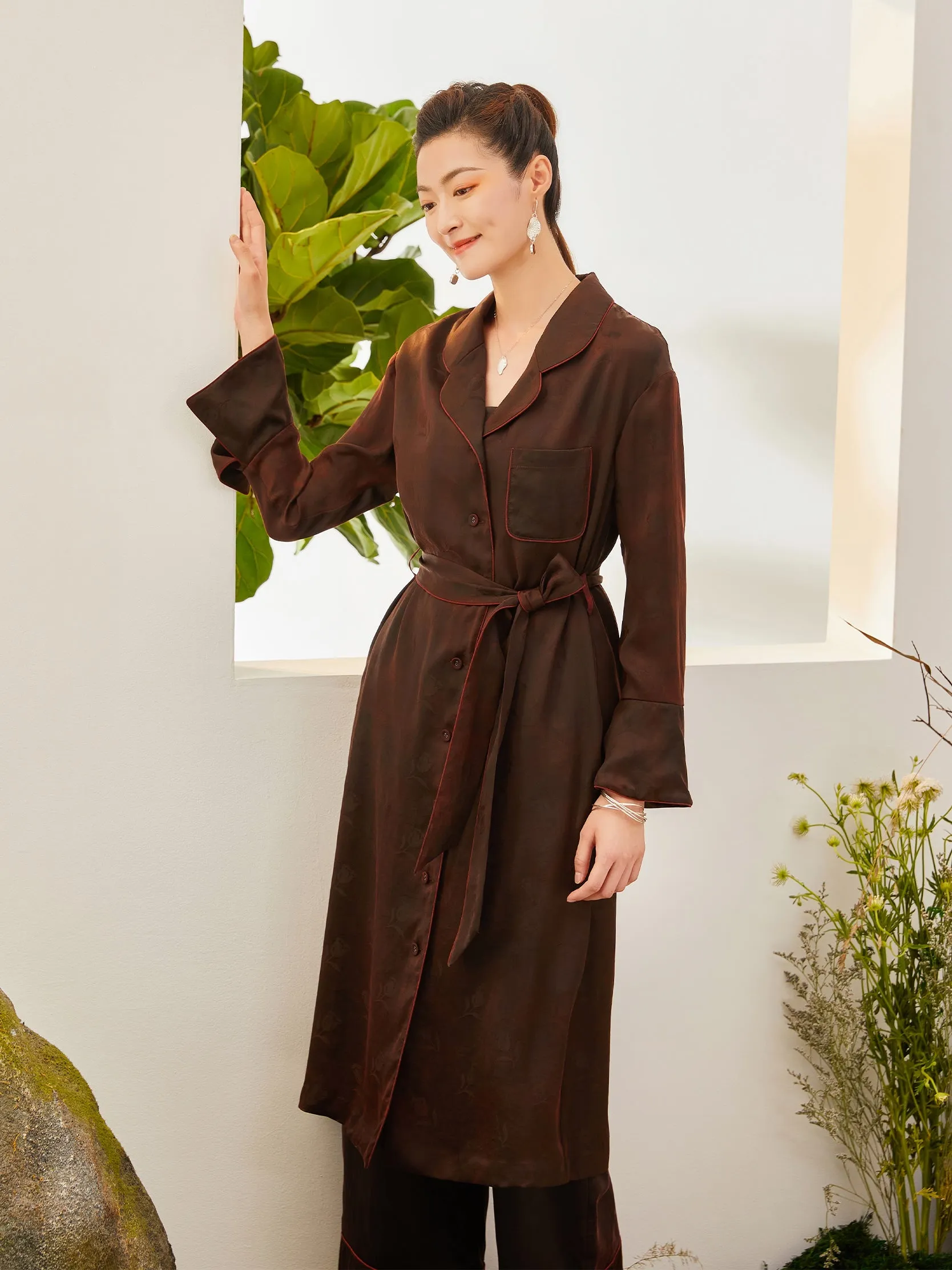 Gambiered Guangdong silk home long gown