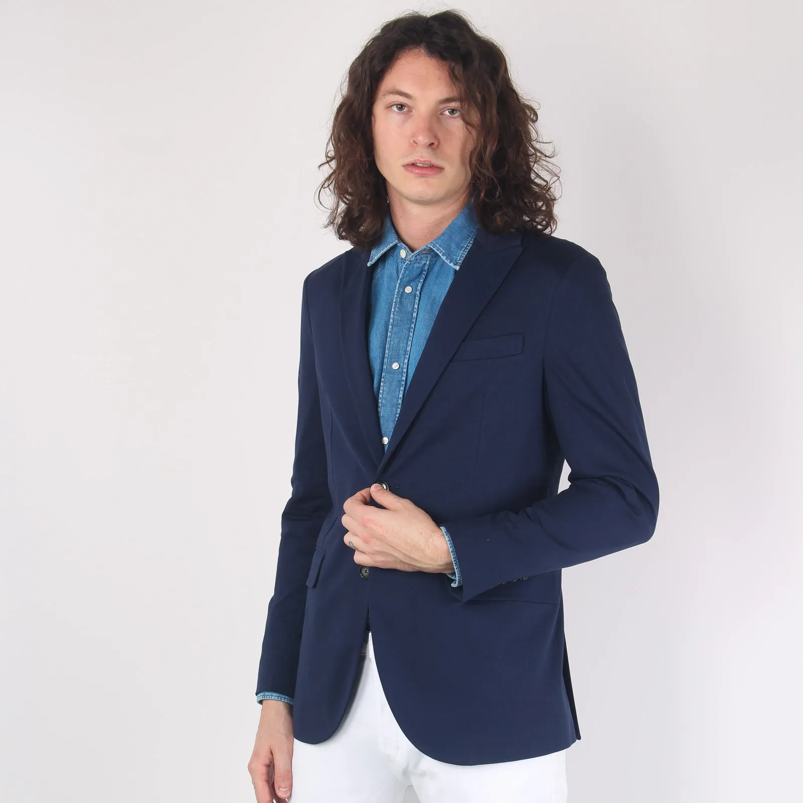 Giacca Peak Lapel Jersey Indigo