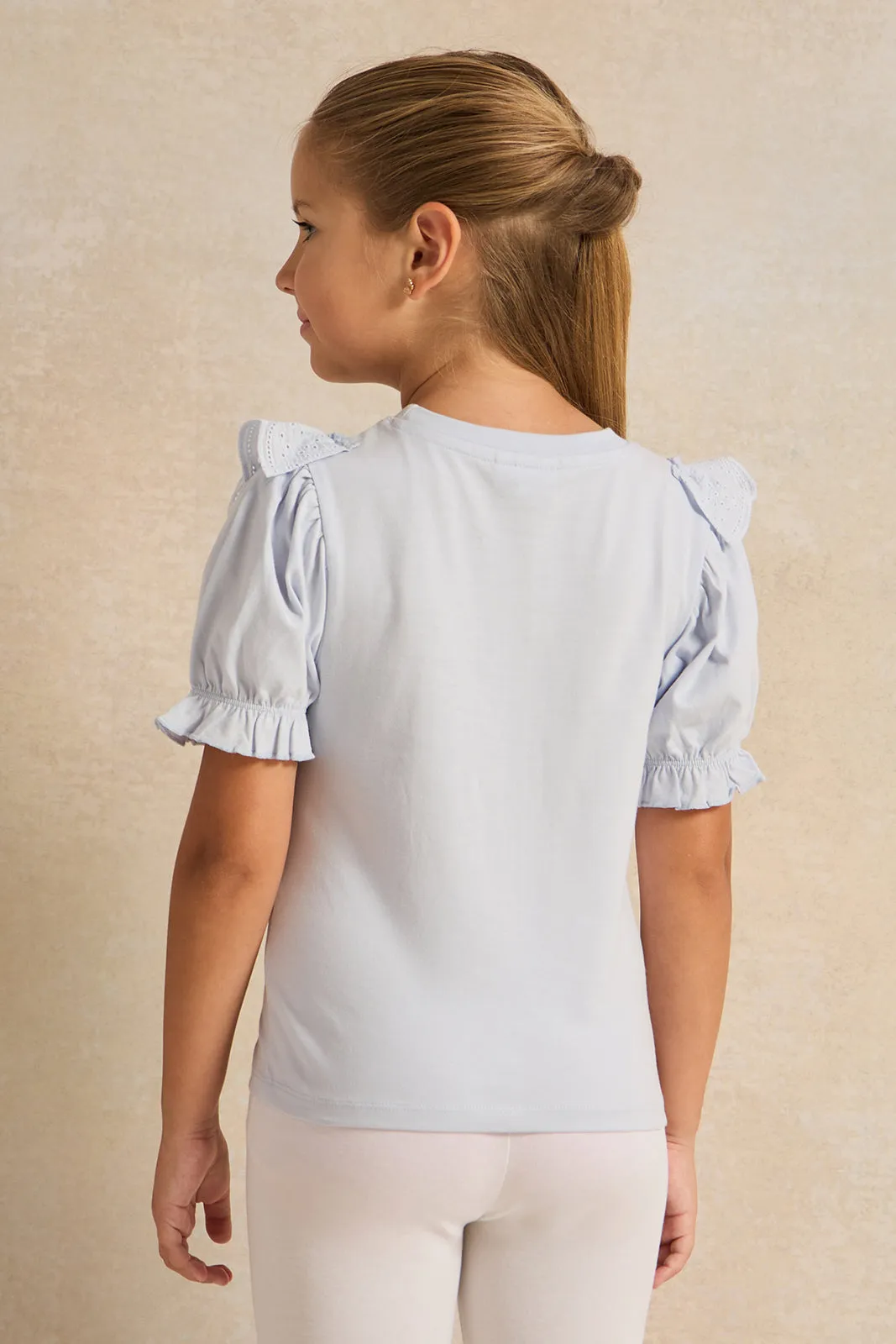 Girls Blue Frill Placement Print Jersey Top