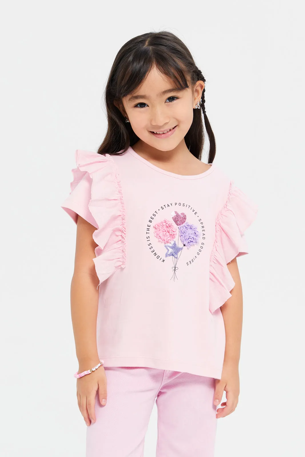 Girls Pink Woven Frill With Applique Jersey Top