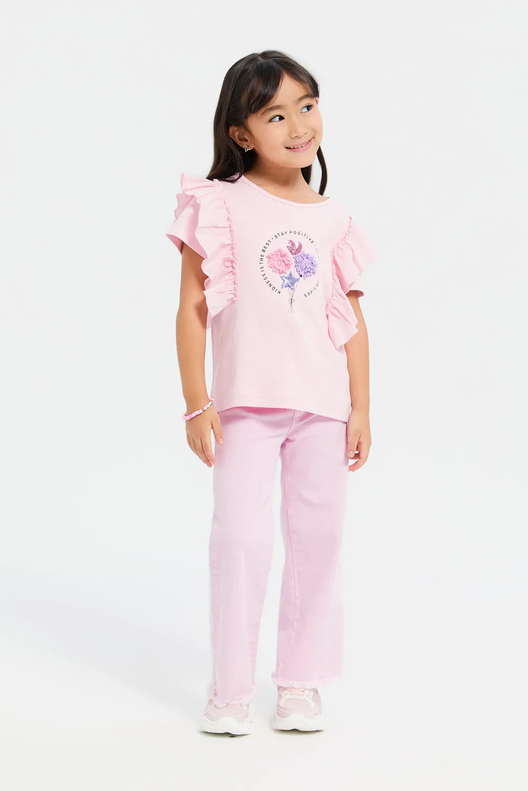 Girls Pink Woven Frill With Applique Jersey Top