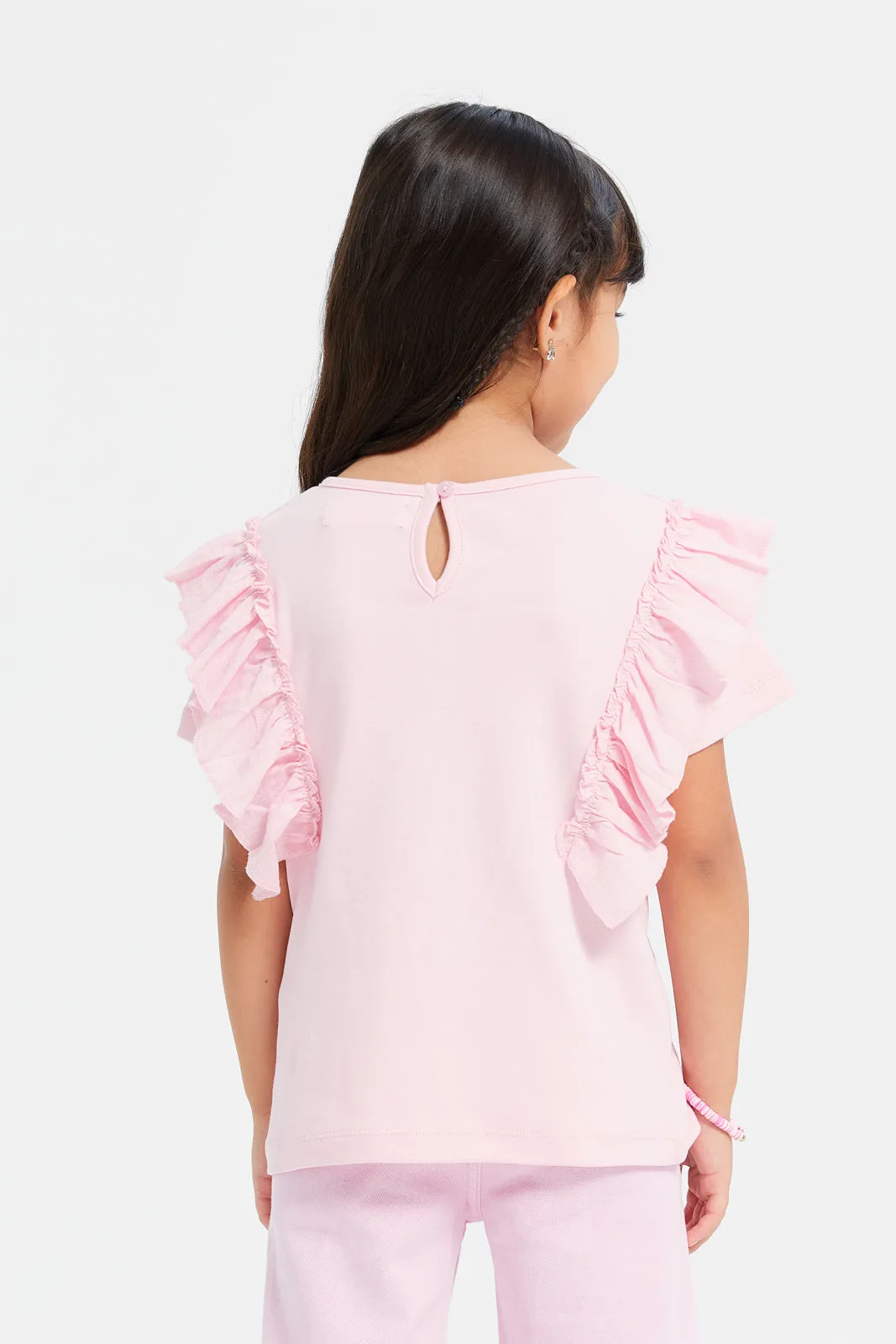 Girls Pink Woven Frill With Applique Jersey Top