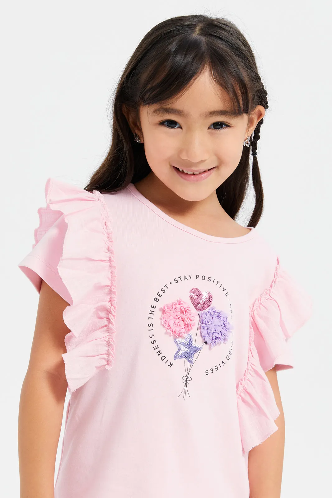 Girls Pink Woven Frill With Applique Jersey Top