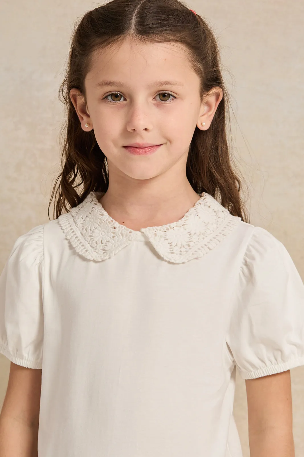 Girls White Crochet Collar Jersey Top