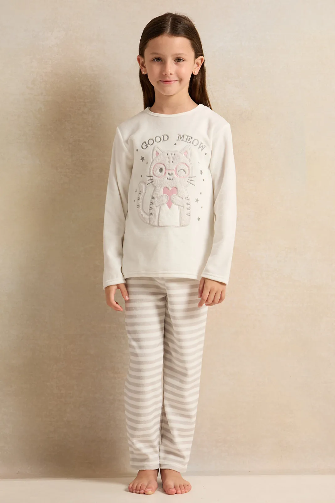 Girls White Velour Fleece Pyjama Set (2 Piece)