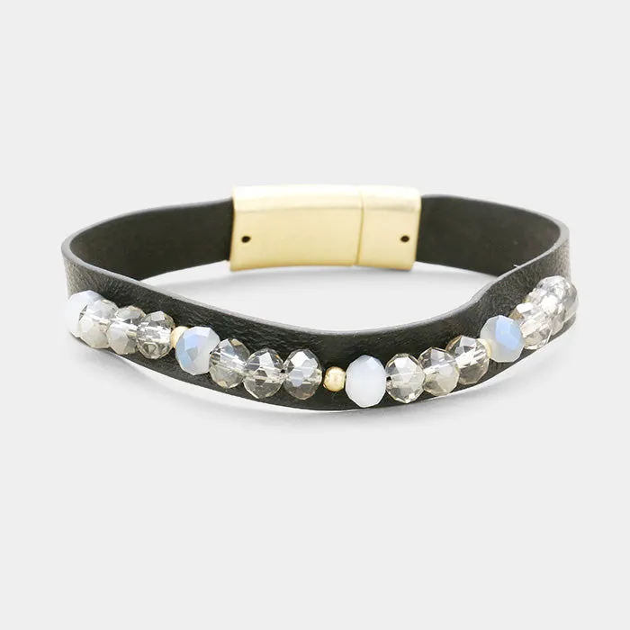 iLLASPARKZ Genuine Leather Bead Embellished Magnetic Bracelet