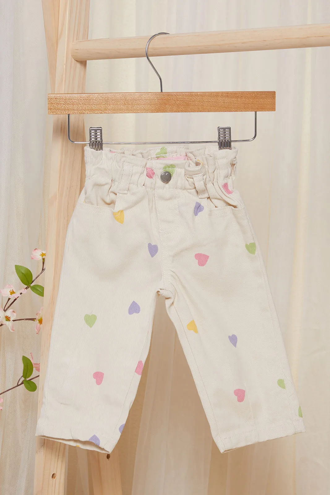 Infant Girls Ecru All Over Heart Print Jeans