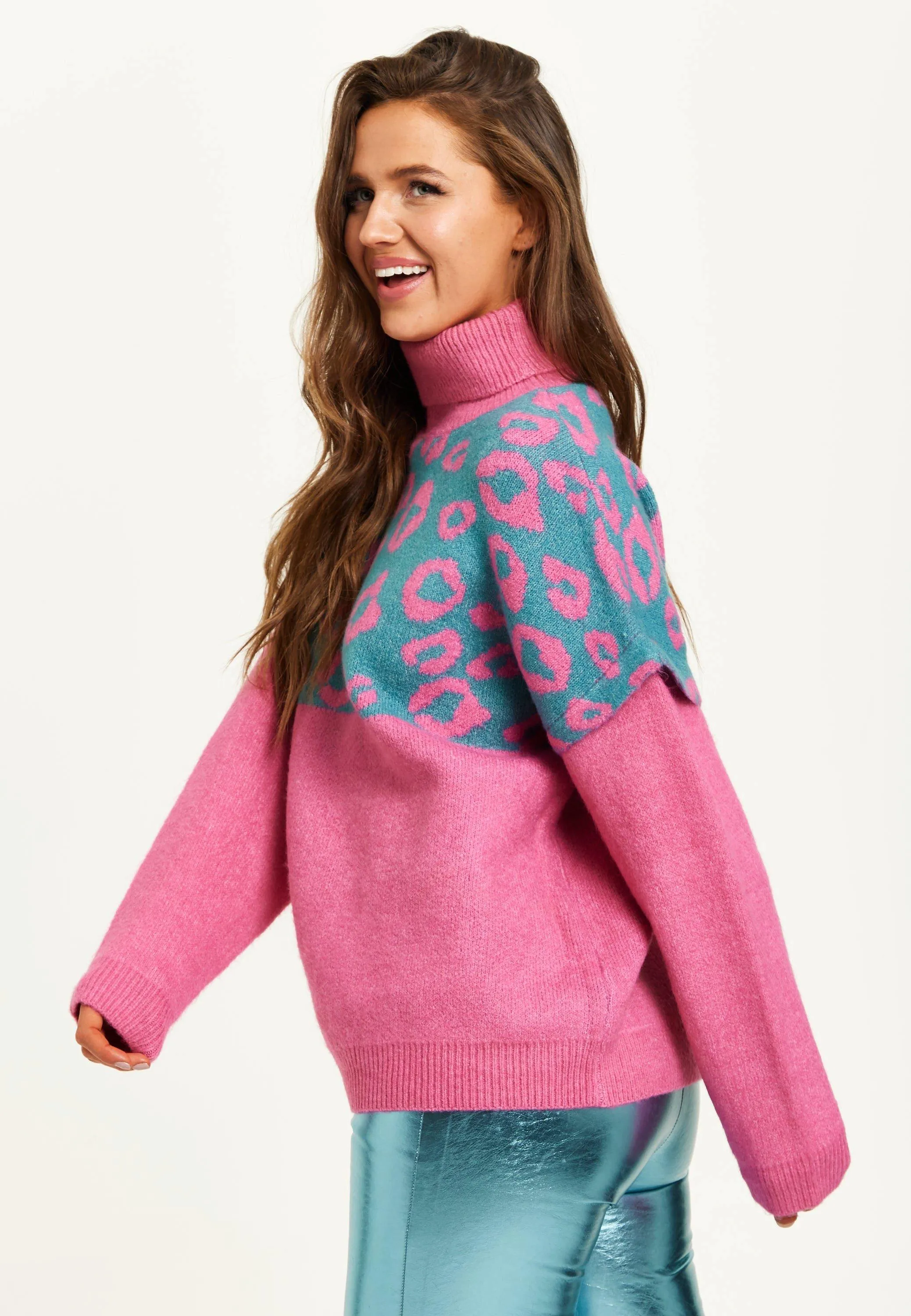 Jumpers & Cardigans | Animal Pattern Roll Neck Jumper In Pink And Turquoise | Liquorish