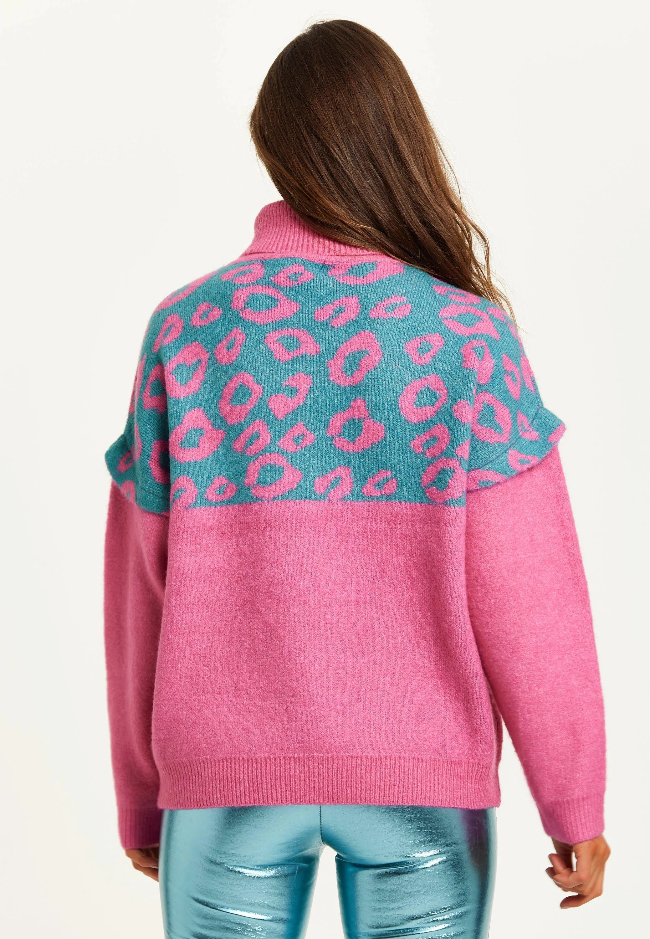 Jumpers & Cardigans | Animal Pattern Roll Neck Jumper In Pink And Turquoise | Liquorish