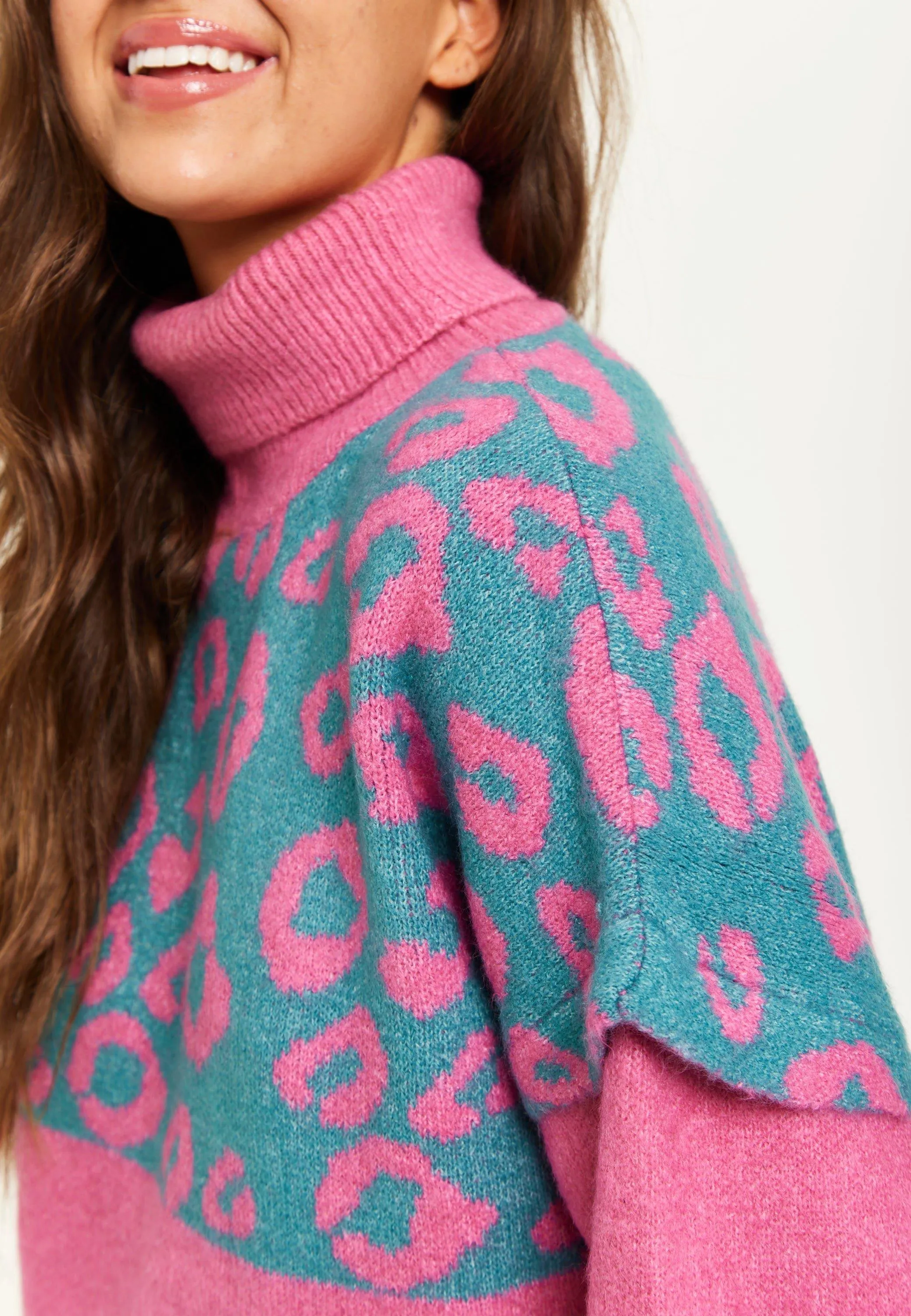 Jumpers & Cardigans | Animal Pattern Roll Neck Jumper In Pink And Turquoise | Liquorish