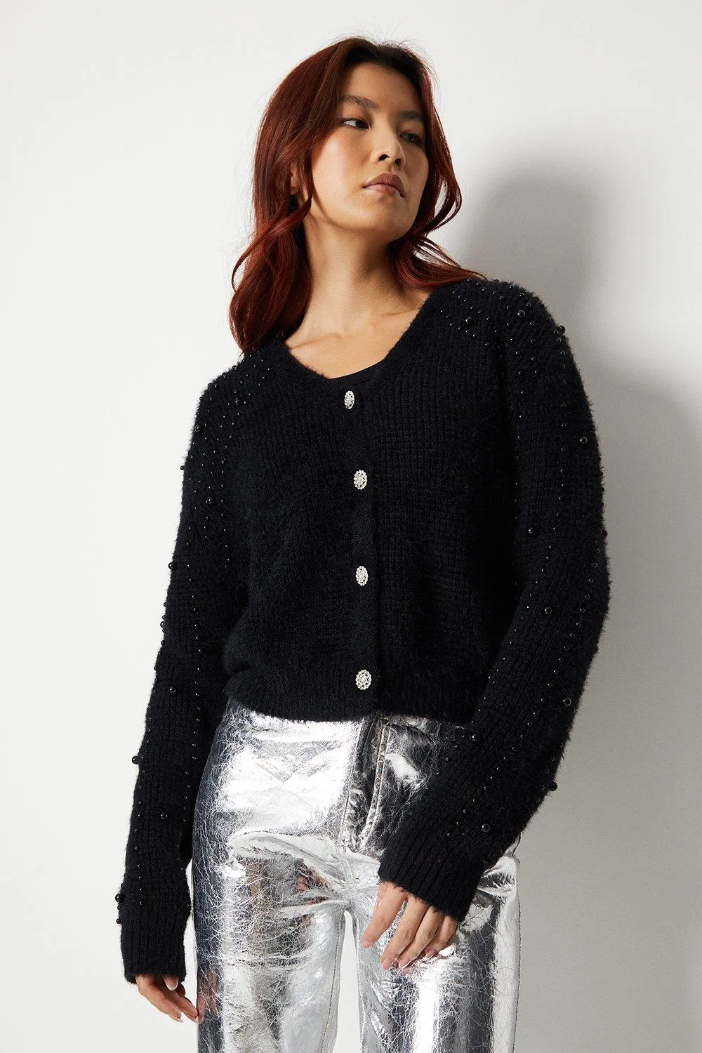 Jumpers & Cardigans | Fluffy Pearl Diamante Trim Cardigan | Warehouse