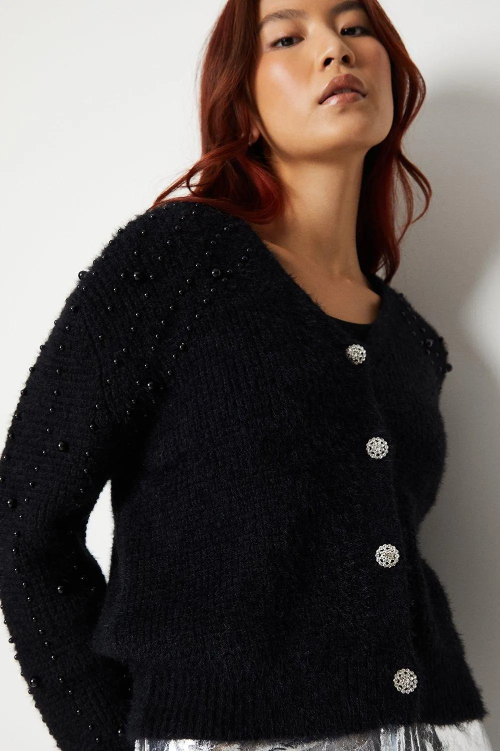 Jumpers & Cardigans | Fluffy Pearl Diamante Trim Cardigan | Warehouse